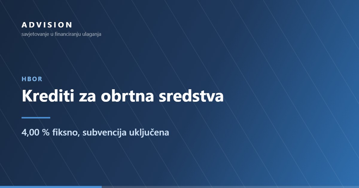 HBOR — Krediti za obrtna sredstva: 4,00 % fiksno, subvencija uključena